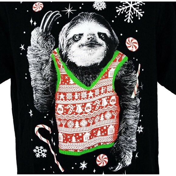 Dec 25th Christmas Sloth T Shirt Mens L Wearing Vest Funny Ugly Holiday Black - Picture 6 of 8